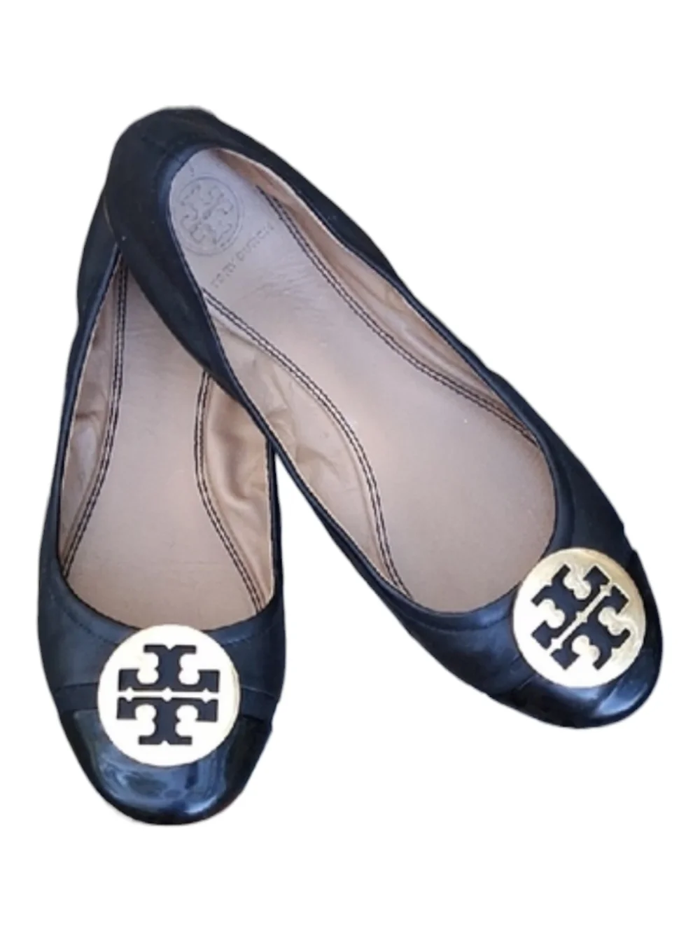 Tory Burch Minnie Travel Ballet Flats Black Leather Patent Cap Toe Size 8
